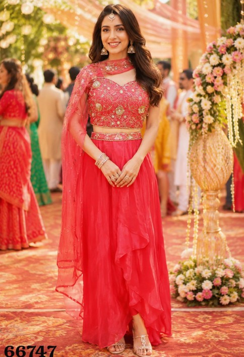 Embroidered Work Fandy Readymade Lehenga Choli In Red Colour