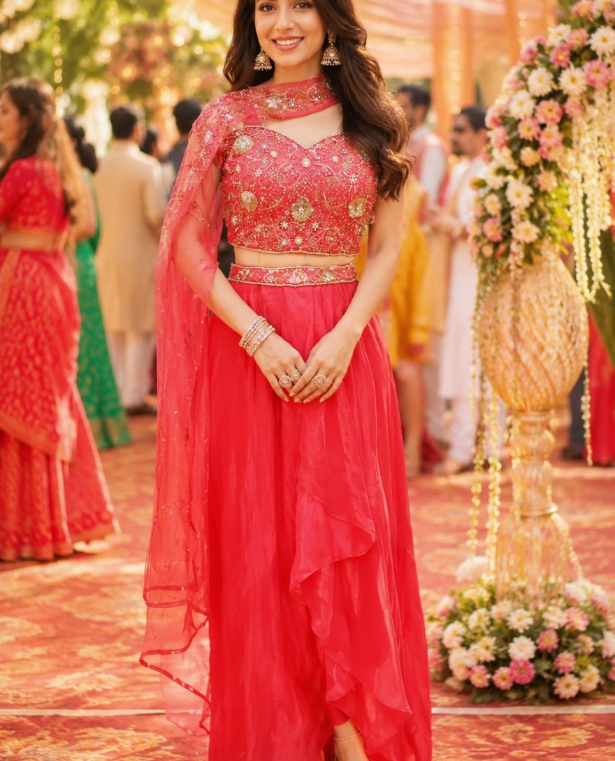 ORANGE - Embroidered Work Fandy Readymade Lehenga Choli In Red Colour
