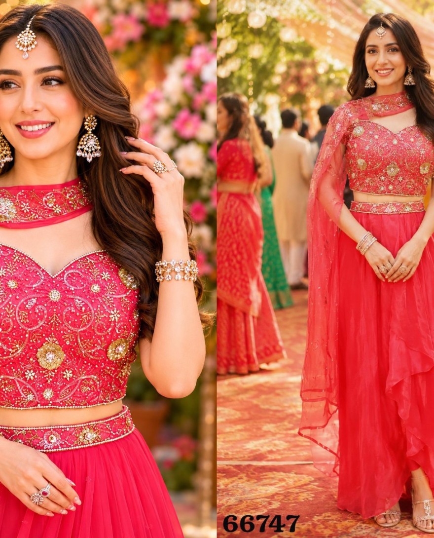 ORANGE - Embroidered Work Fandy Readymade Lehenga Choli In Red Colour