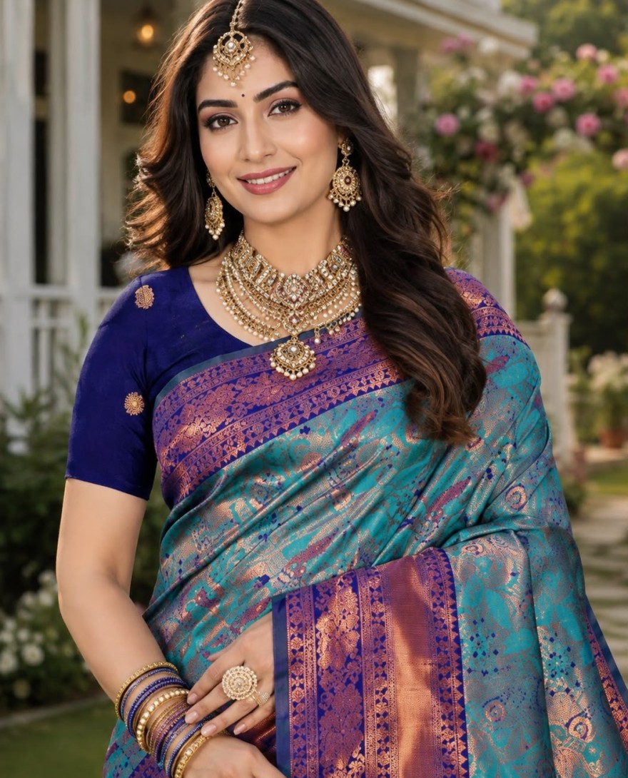 BLUE - Turquoise Jacquard Contemporary Sari with Woven Work