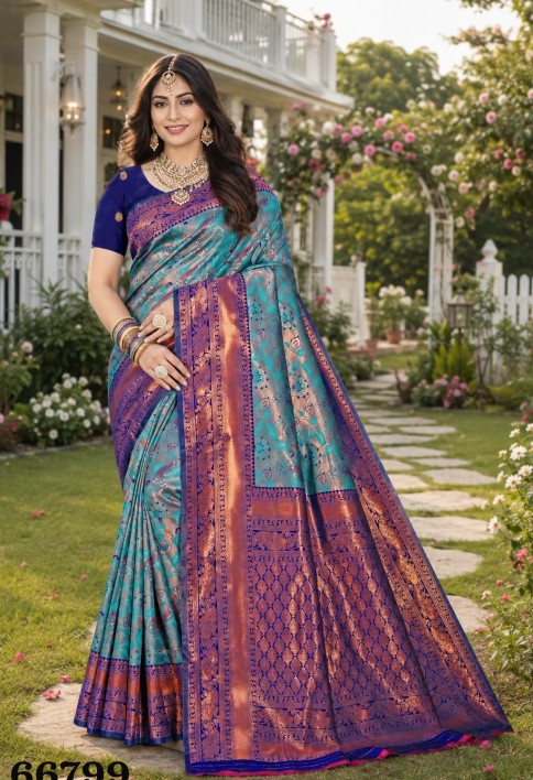 Turquoise Jacquard Contemporary Sari with Woven Work