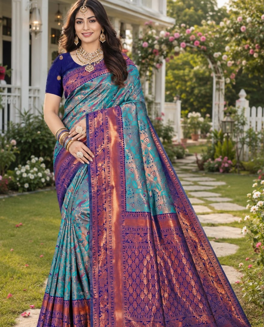 BLUE - Turquoise Jacquard Contemporary Sari with Woven Work