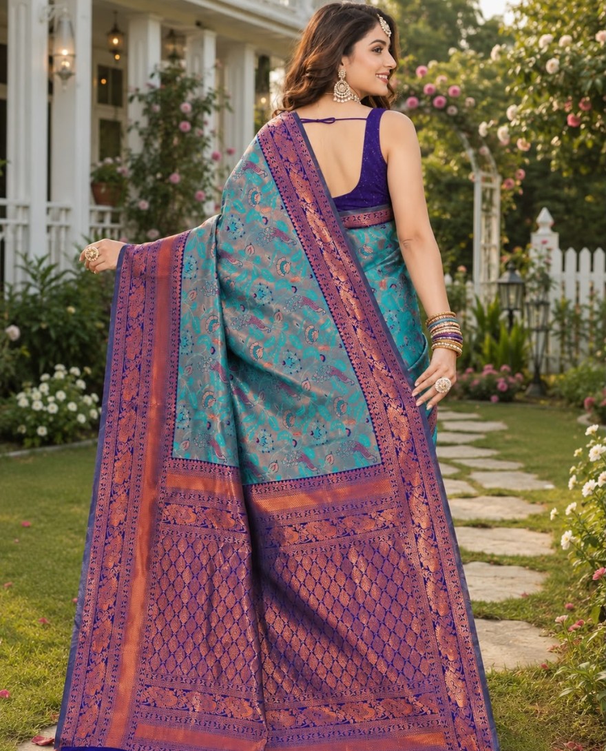 BLUE - Turquoise Jacquard Contemporary Sari with Woven Work