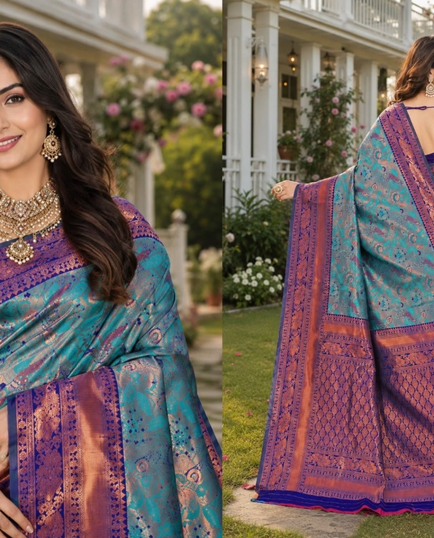 BLUE - Turquoise Jacquard Contemporary Sari with Woven Work