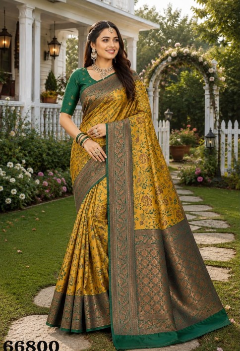 Mustard Jacquard Classic Sari with Woven Work for Casual