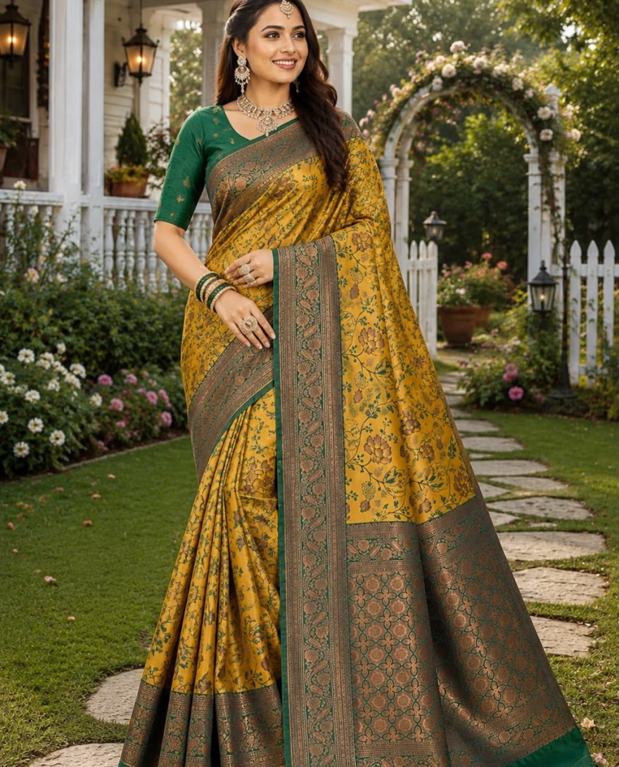 GREEN - Mustard Jacquard Classic Sari with Woven Work for Casual
