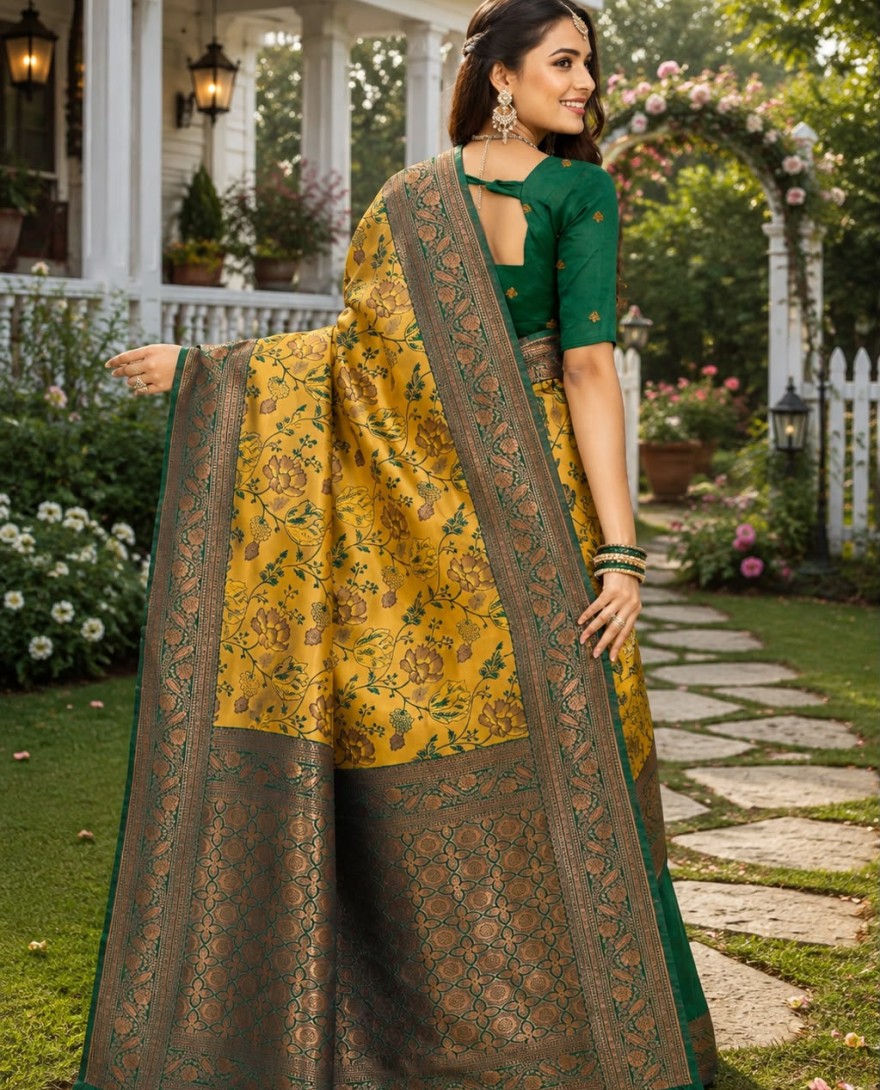 GREEN - Mustard Jacquard Classic Sari with Woven Work for Casual