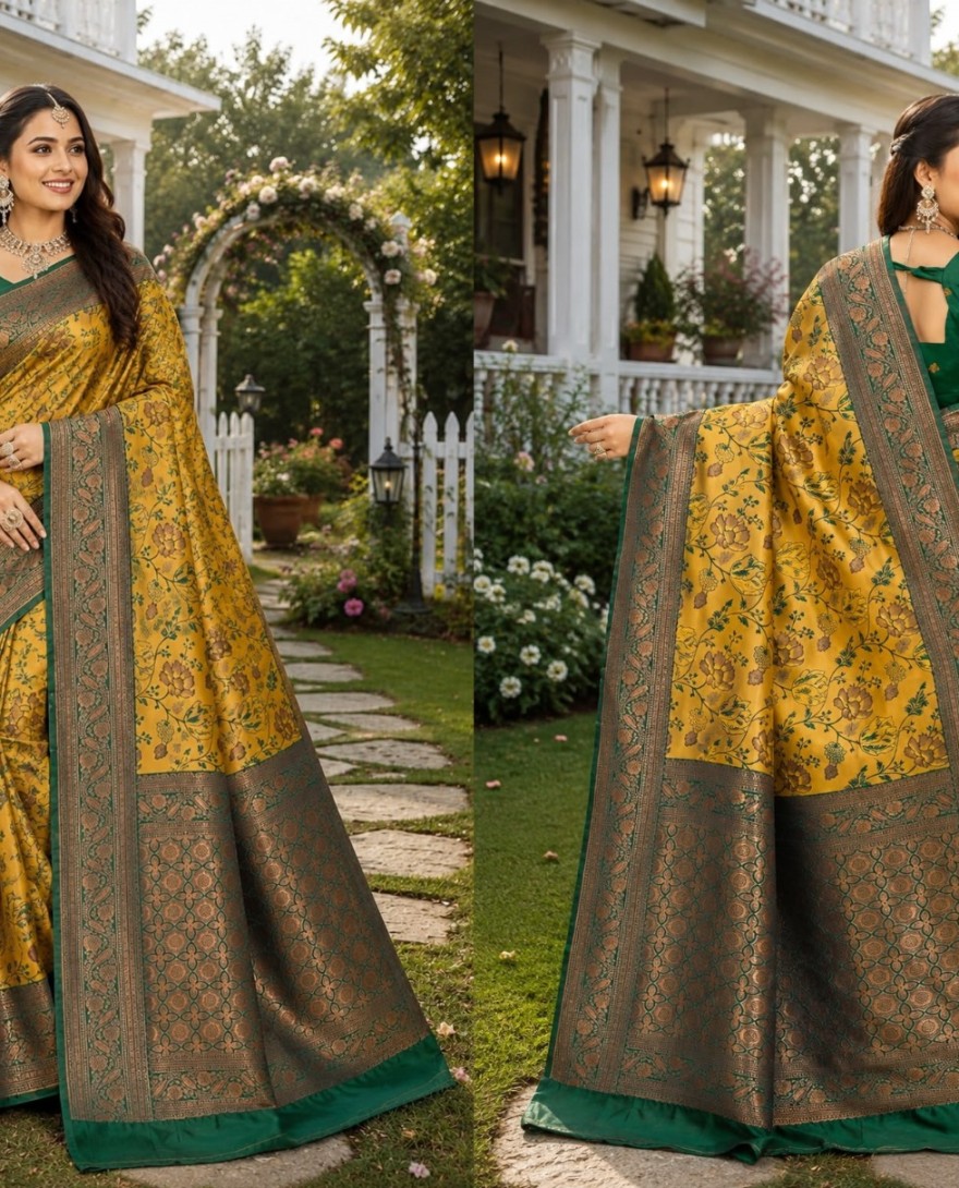 GREEN - Mustard Jacquard Classic Sari with Woven Work for Casual