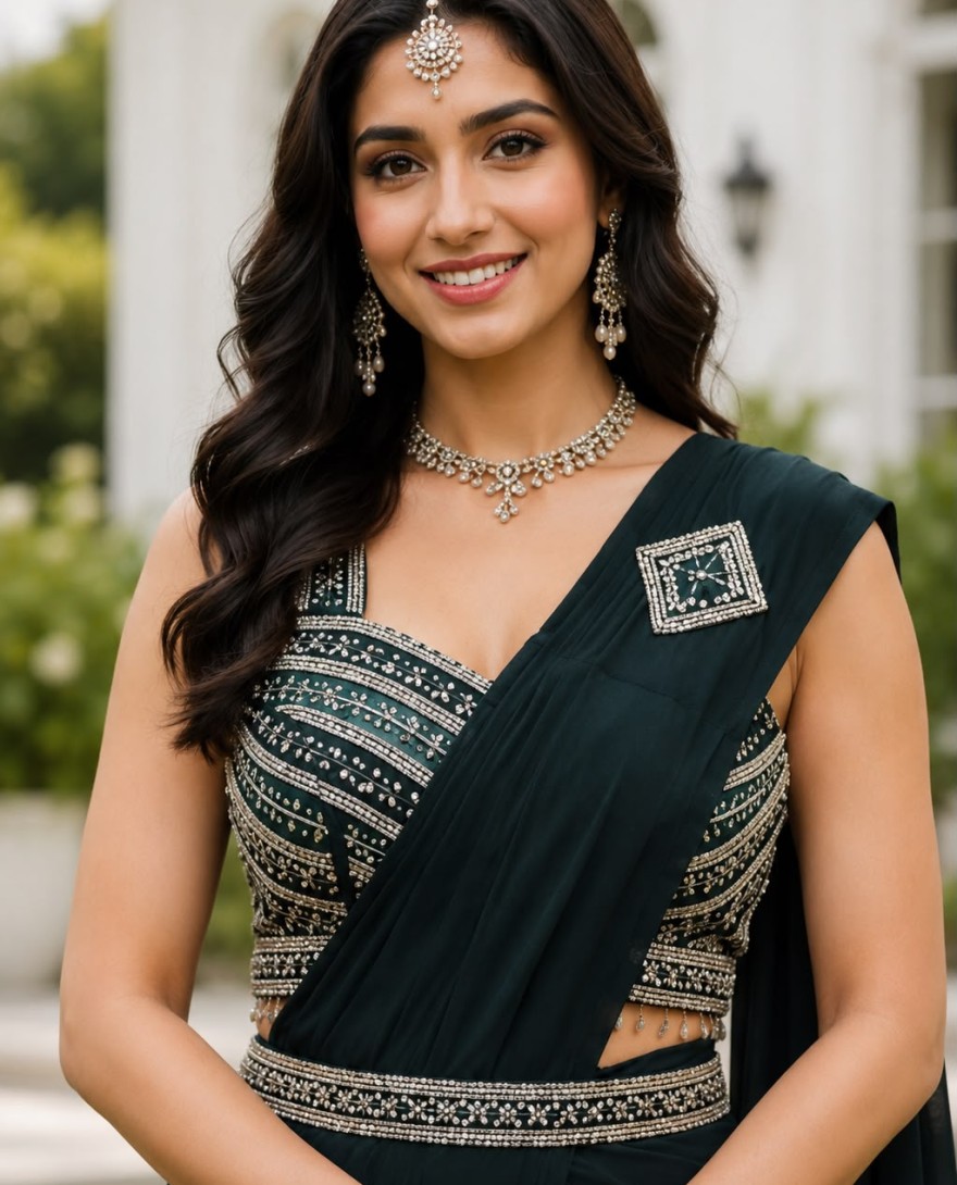 GREEN - Green Lycra Classic Saree with Embroidered Work for Ceremonial
