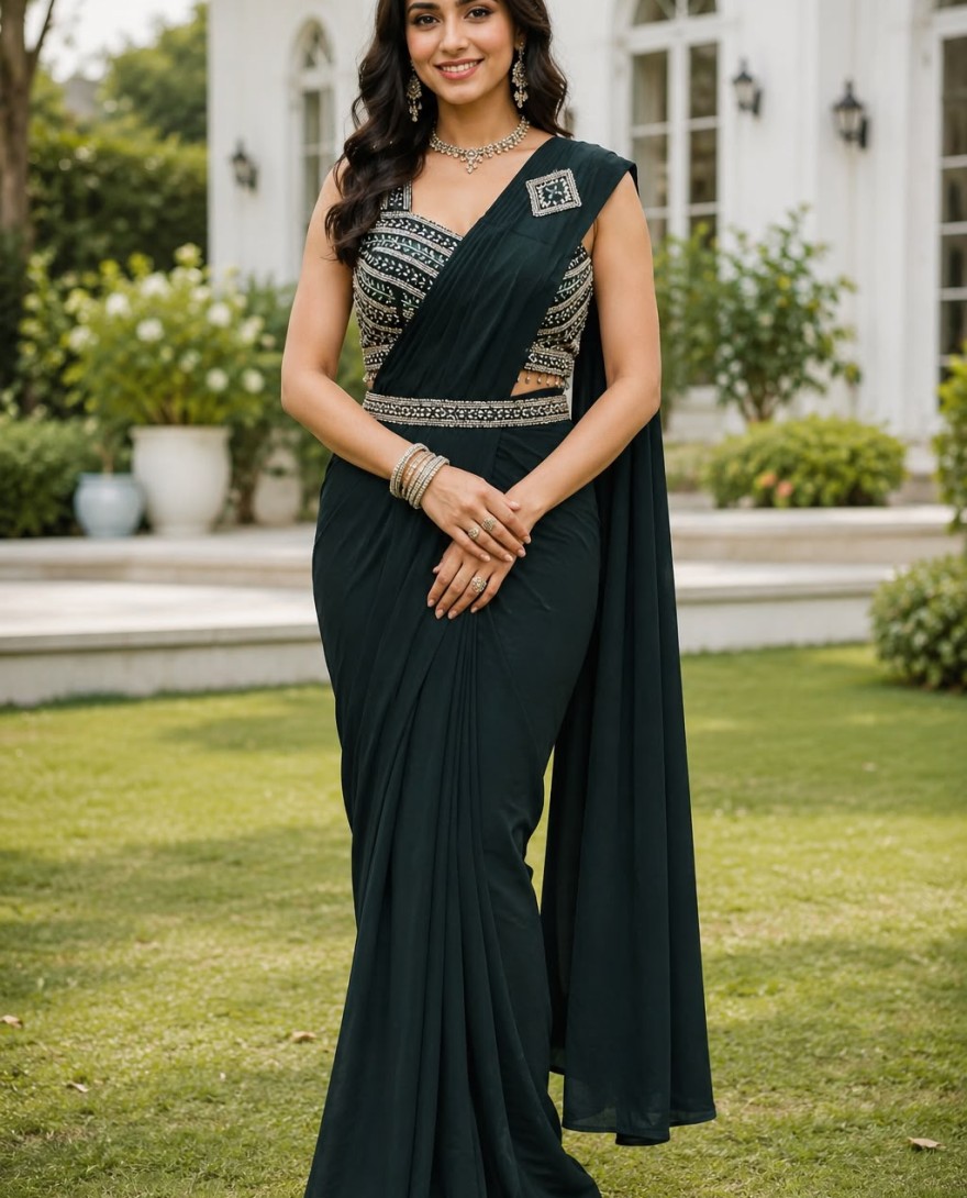 GREEN - Green Lycra Classic Saree with Embroidered Work for Ceremonial