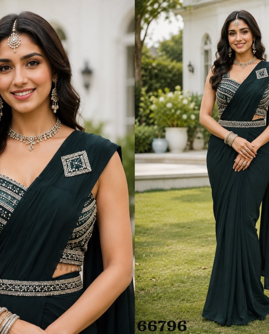 GREEN - Green Lycra Classic Saree with Embroidered Work for Ceremonial