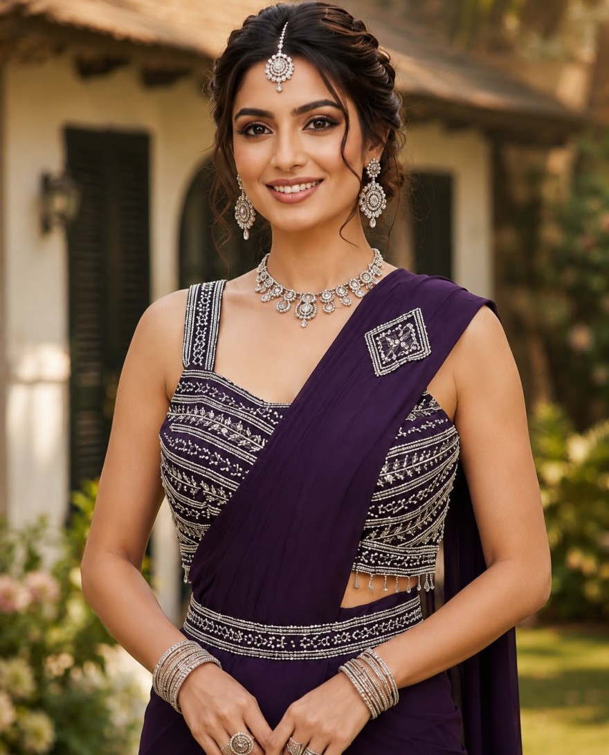 PURPLE - Purple Embroidered Work Lycra Contemporary Sari