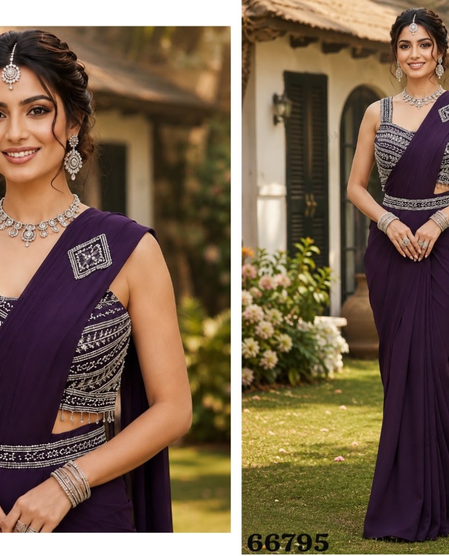 PURPLE - Purple Embroidered Work Lycra Contemporary Sari
