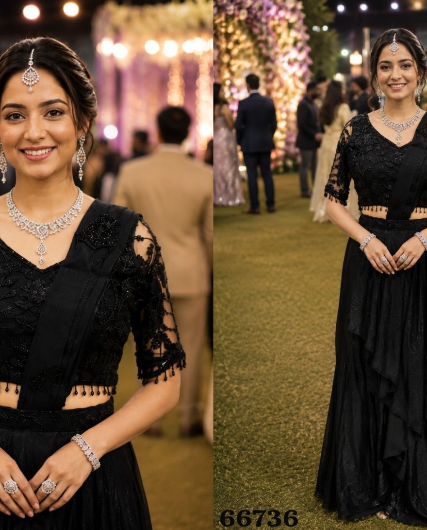 BLACK - Embroidered Work Fandy Contemporary Sari In Black Colour