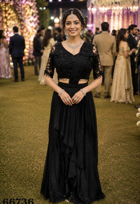 Embroidered Work Fandy Contemporary Sari In Black Colour