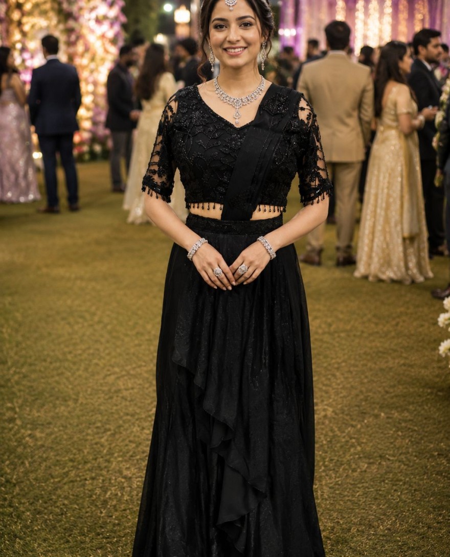 BLACK - Embroidered Work Fandy Contemporary Sari In Black Colour
