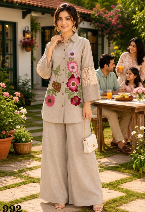 Beige Fancy Fabric Casual Kurti with Embroidered Work