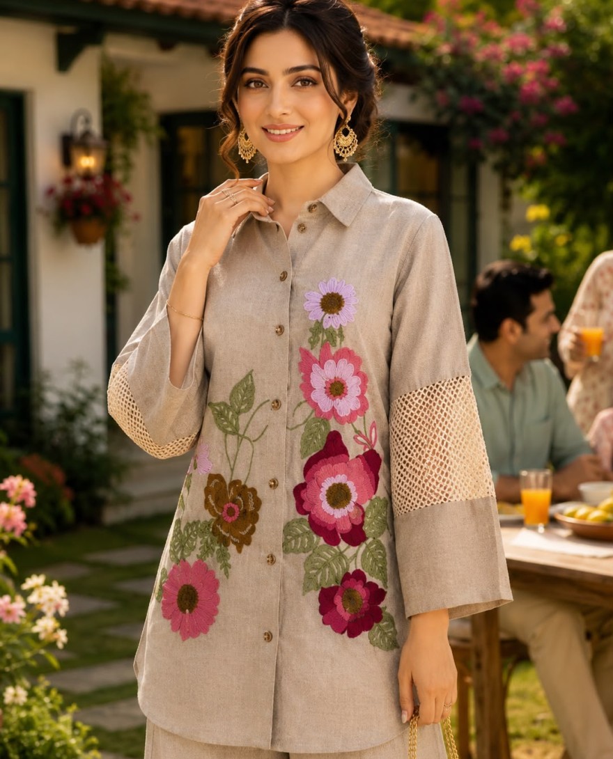 BEIGE - Beige Fancy Fabric Casual Kurti with Embroidered Work