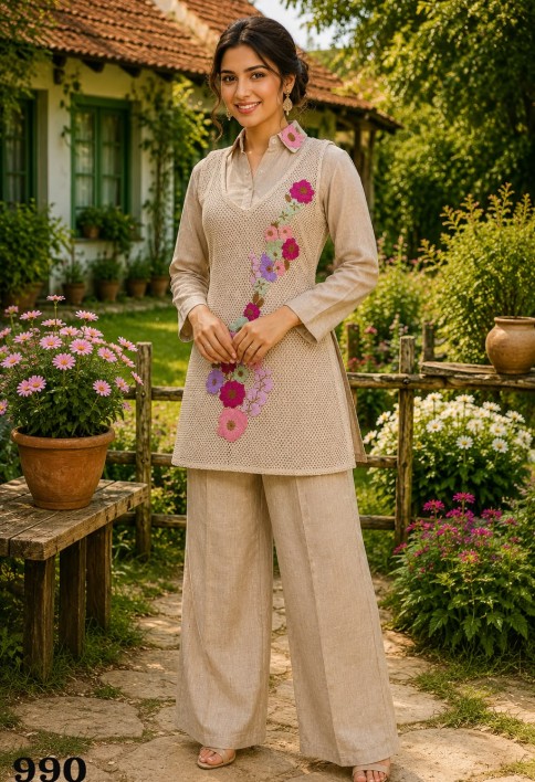 Embroidered Work Fancy Fabric Party Wear Kurti In Beige for Festival