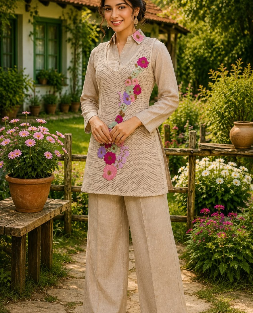 BEIGE - Embroidered Work Fancy Fabric Party Wear Kurti In Beige for Festival