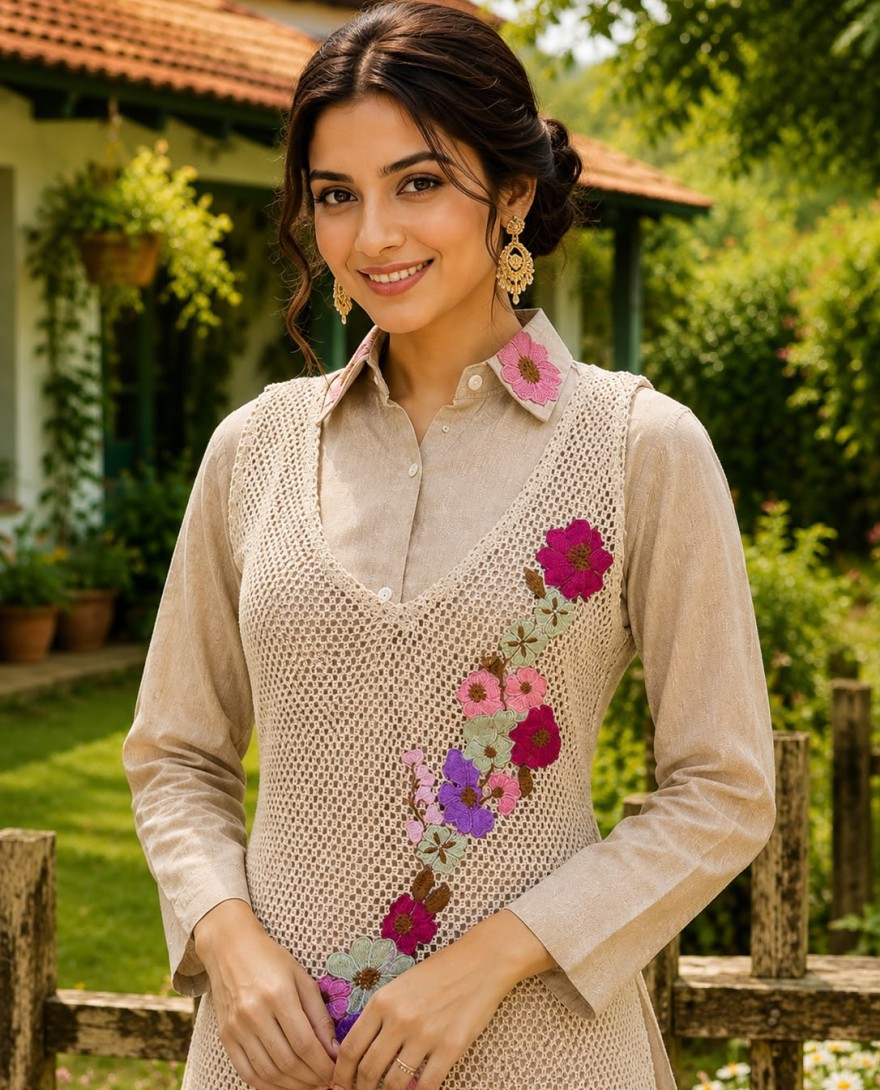 BEIGE - Embroidered Work Fancy Fabric Party Wear Kurti In Beige for Festival