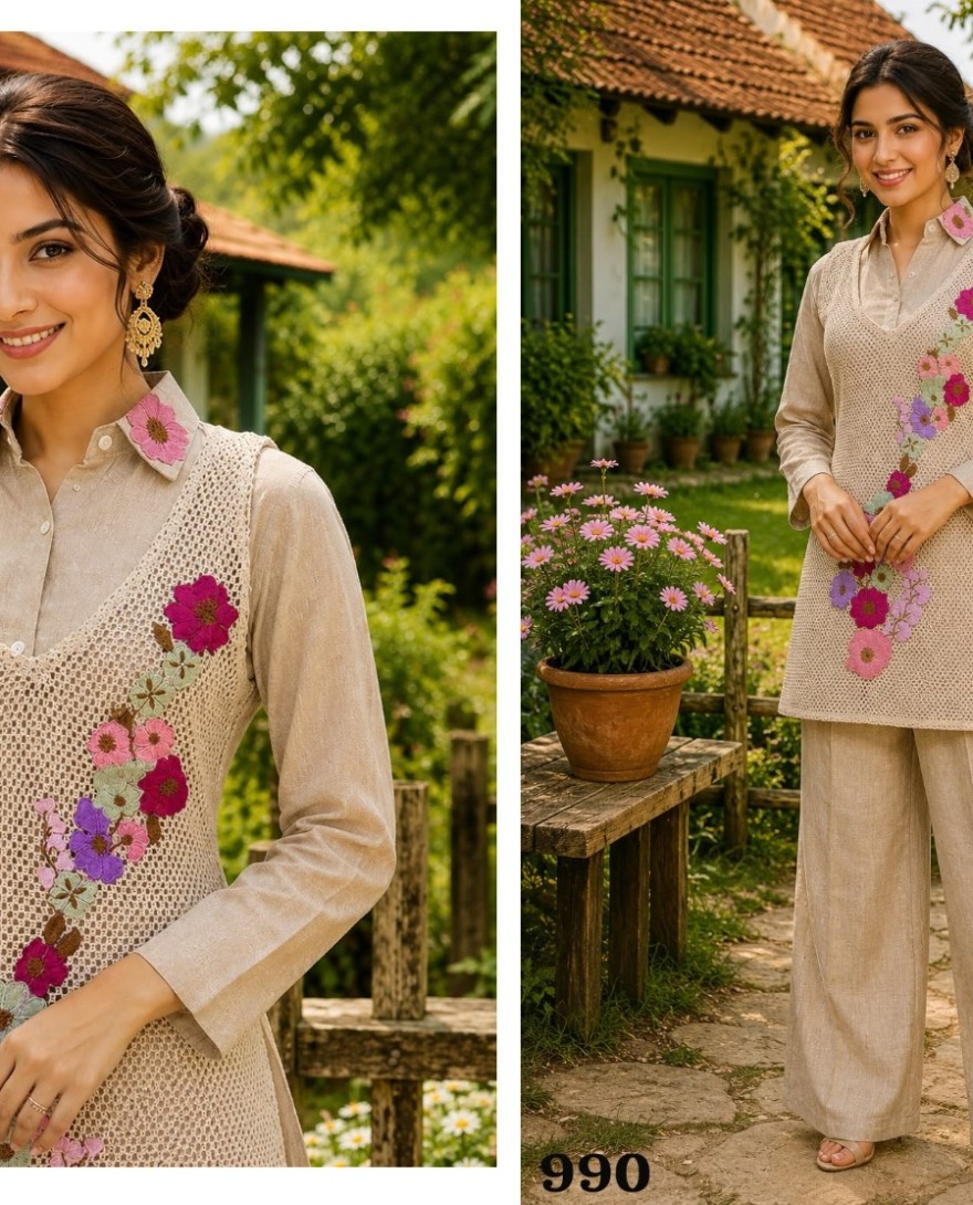 BEIGE - Embroidered Work Fancy Fabric Party Wear Kurti In Beige for Festival
