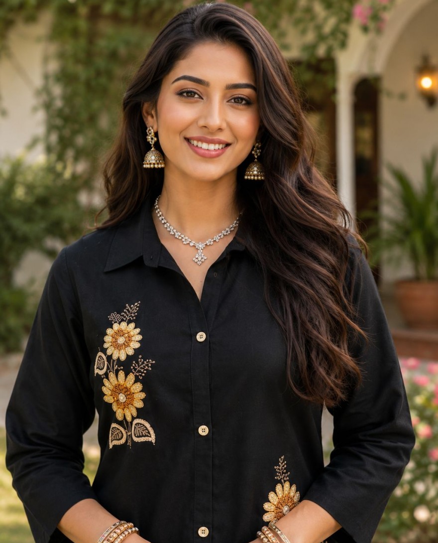 BLACK - Jute Embroidered Black Casual Kurti