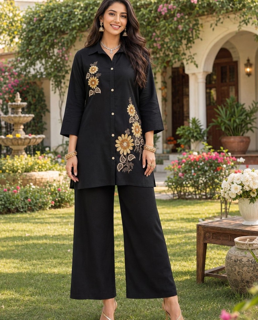 BLACK - Jute Embroidered Black Casual Kurti