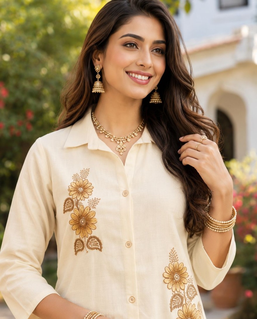 WHITE - Glowing Embroidered Cream Jute Designer Kurti