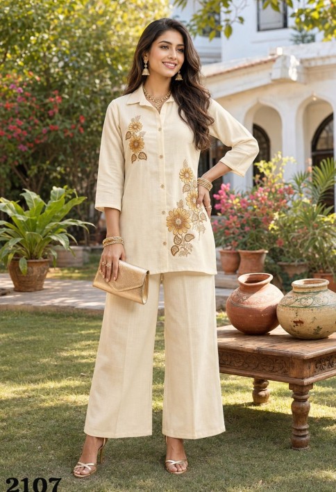 Glowing Embroidered Cream Jute Designer Kurti