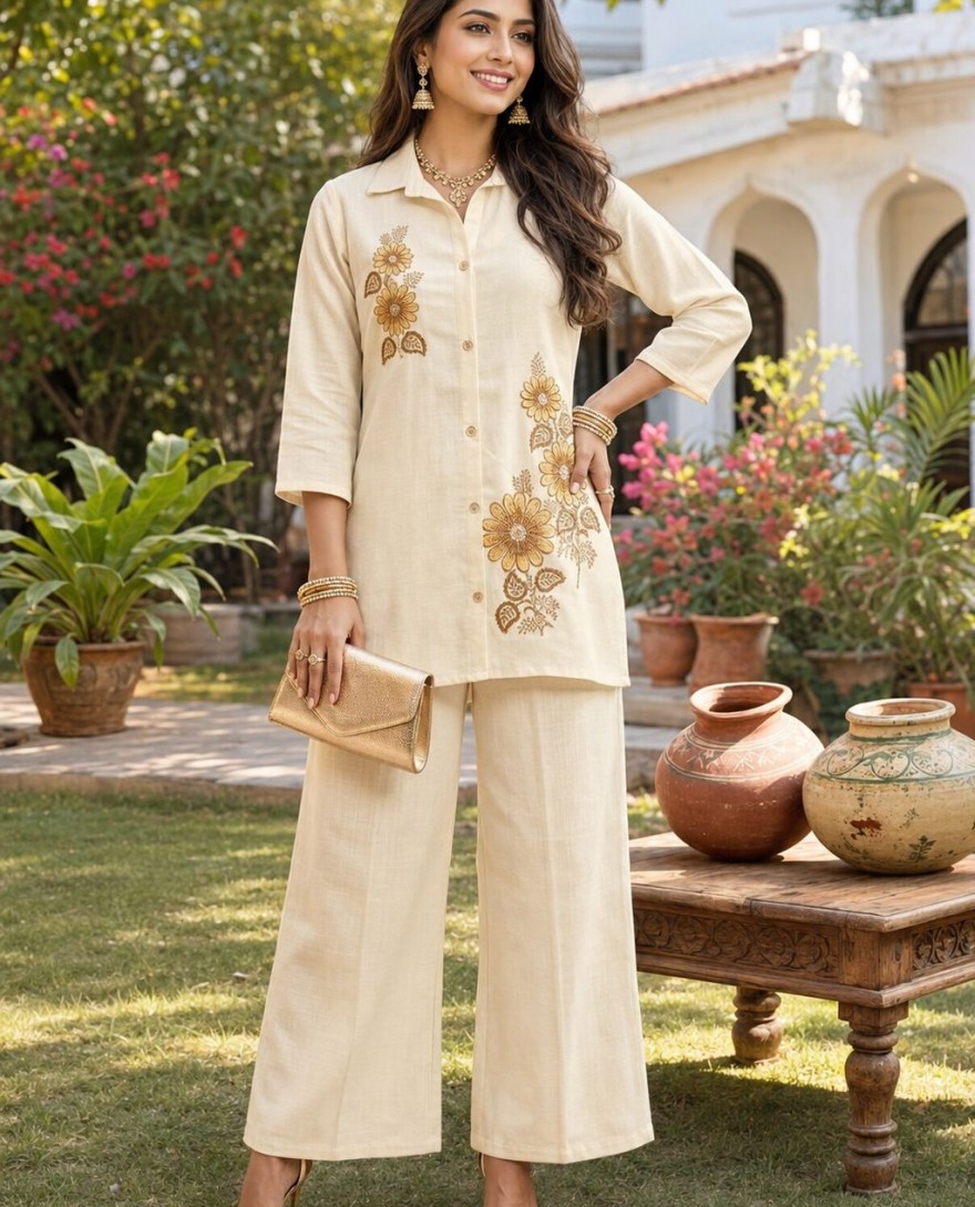 WHITE - Glowing Embroidered Cream Jute Designer Kurti