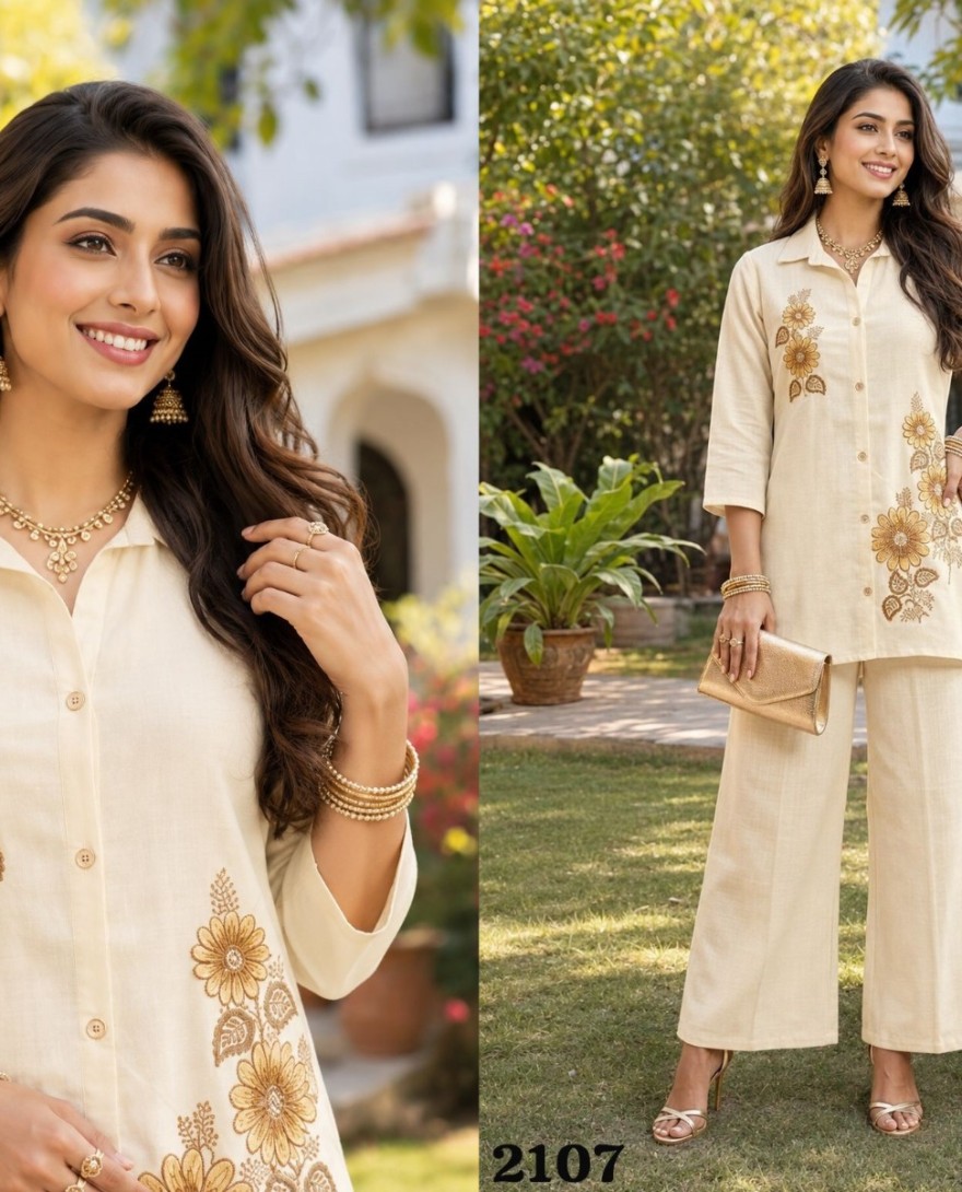 WHITE - Glowing Embroidered Cream Jute Designer Kurti
