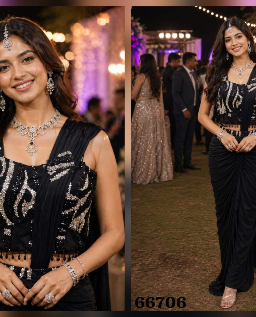 BLACK - Black Lycra Embroidered Work Classic Saree