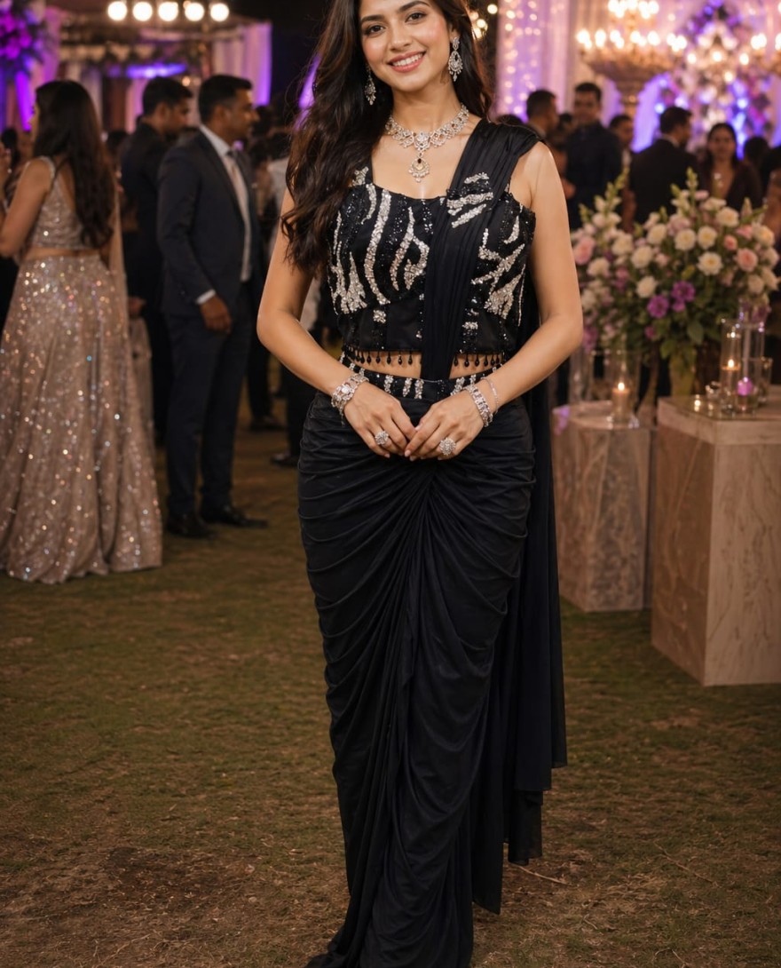 BLACK - Black Lycra Embroidered Work Classic Saree