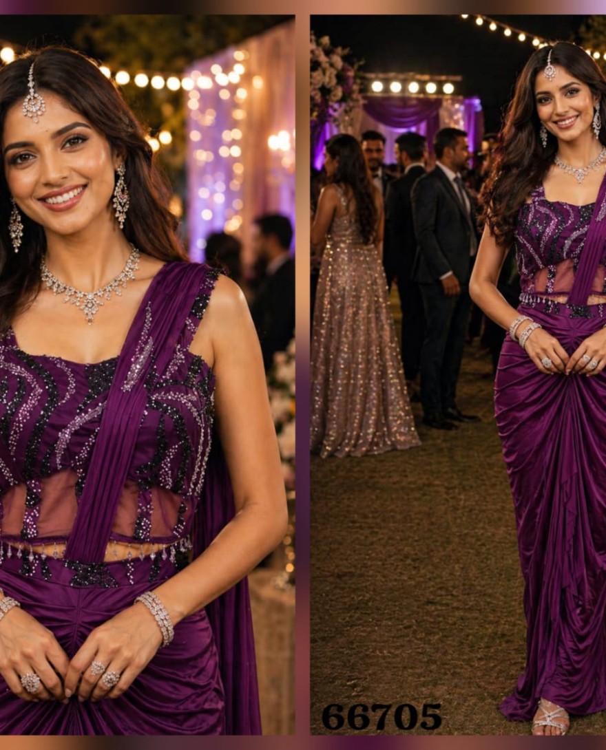 PURPLE - Embroidered Work Lycra Contemporary Sari In Purple for Ceremonial