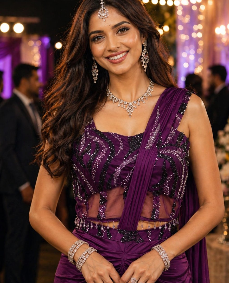 PURPLE - Embroidered Work Lycra Contemporary Sari In Purple for Ceremonial