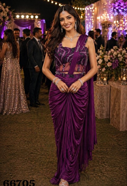 Embroidered Work Lycra Contemporary Sari In Purple for Ceremonial