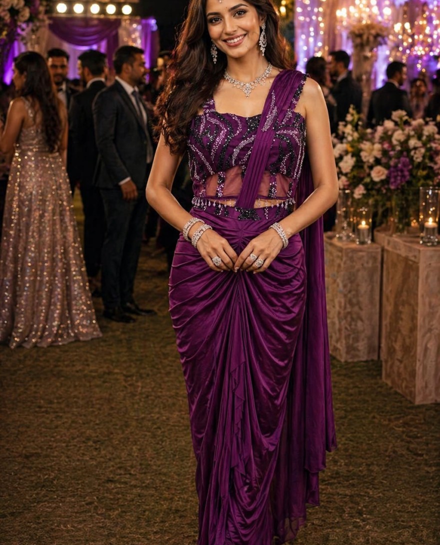PURPLE - Embroidered Work Lycra Contemporary Sari In Purple for Ceremonial