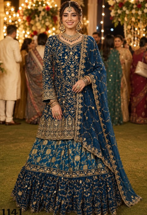 Teal Banarasi Silk Lehenga Choli with Embroidered, Sequins and Stone Work