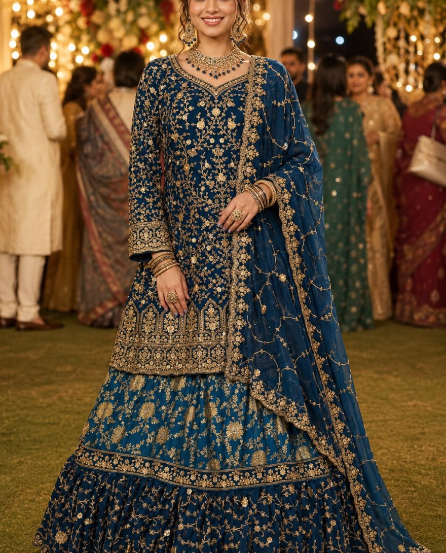 BLUE - Teal Banarasi Silk Lehenga Choli with Embroidered, Sequins and Stone Work