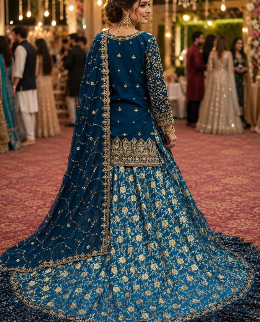 BLUE - Teal Banarasi Silk Lehenga Choli with Embroidered, Sequins and Stone Work