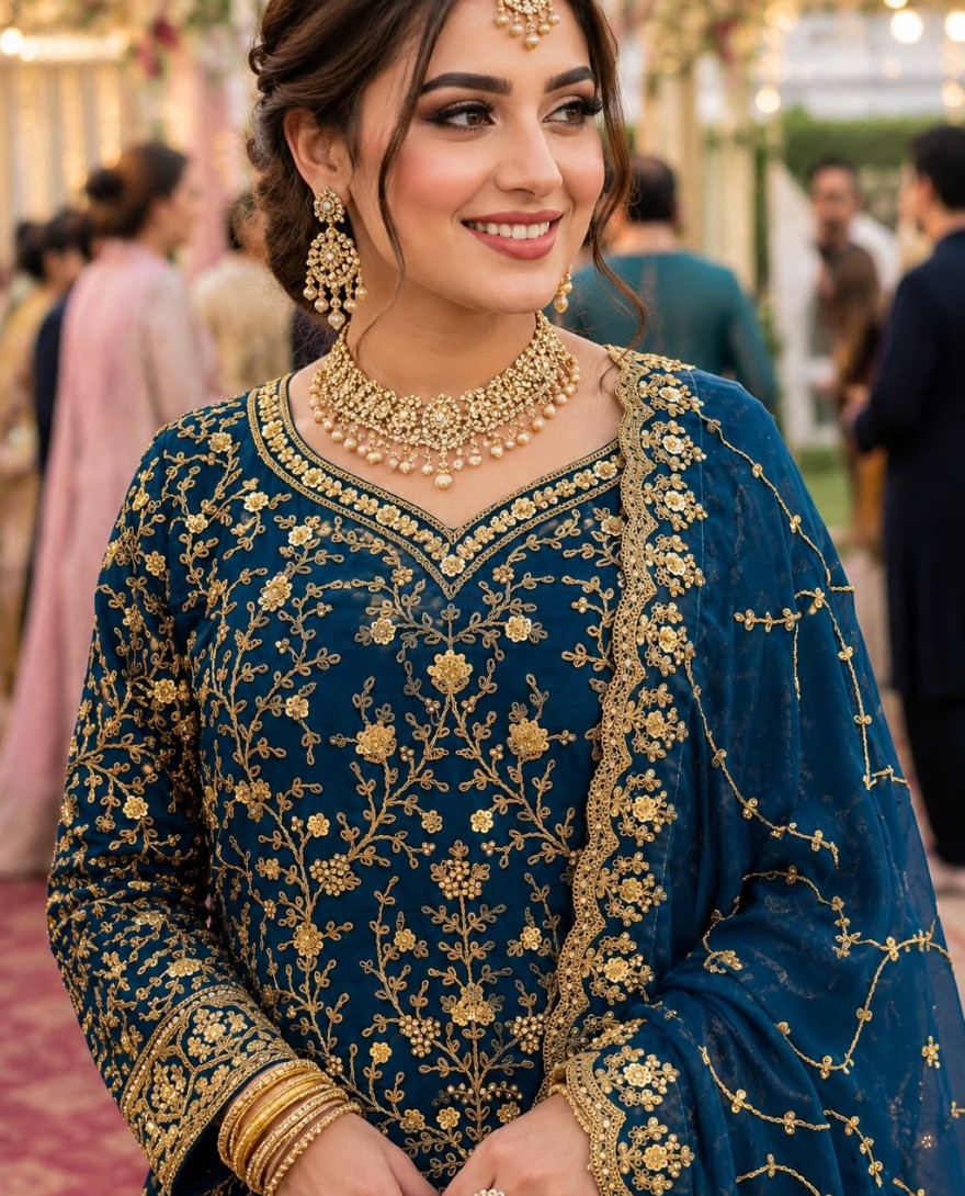BLUE - Teal Banarasi Silk Lehenga Choli with Embroidered, Sequins and Stone Work