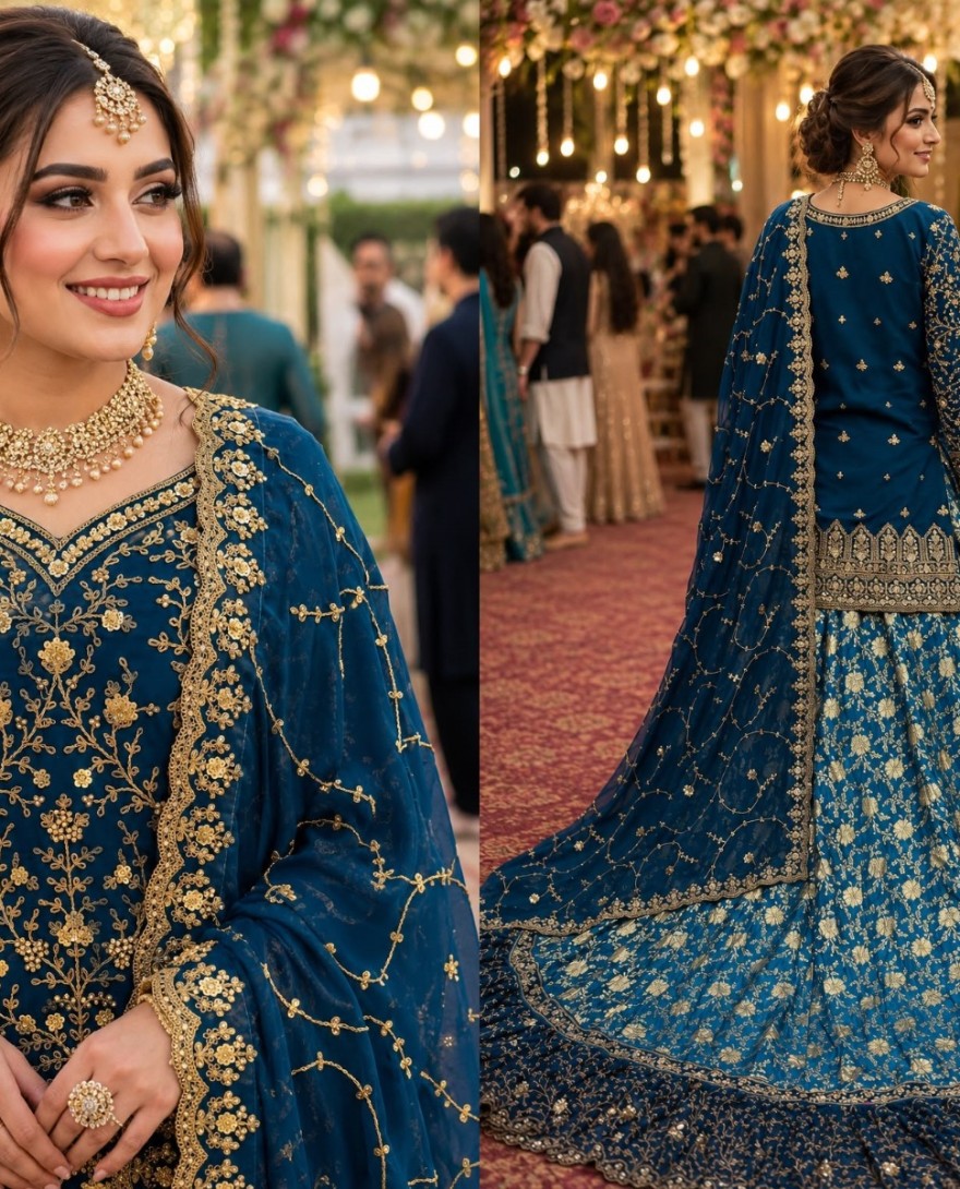 BLUE - Teal Banarasi Silk Lehenga Choli with Embroidered, Sequins and Stone Work
