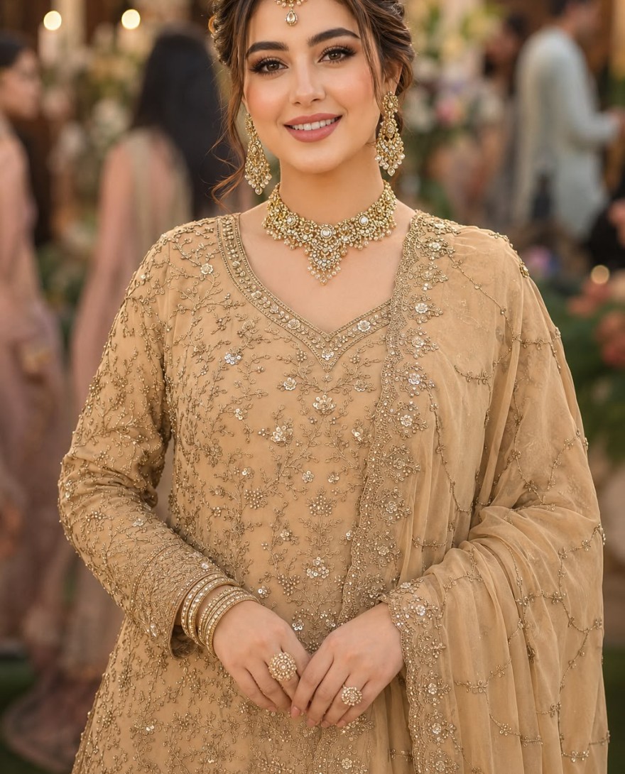 BEIGE - Embroidered, Sequins and Stone Work Banarasi Silk Readymade Lehenga Choli In Beige