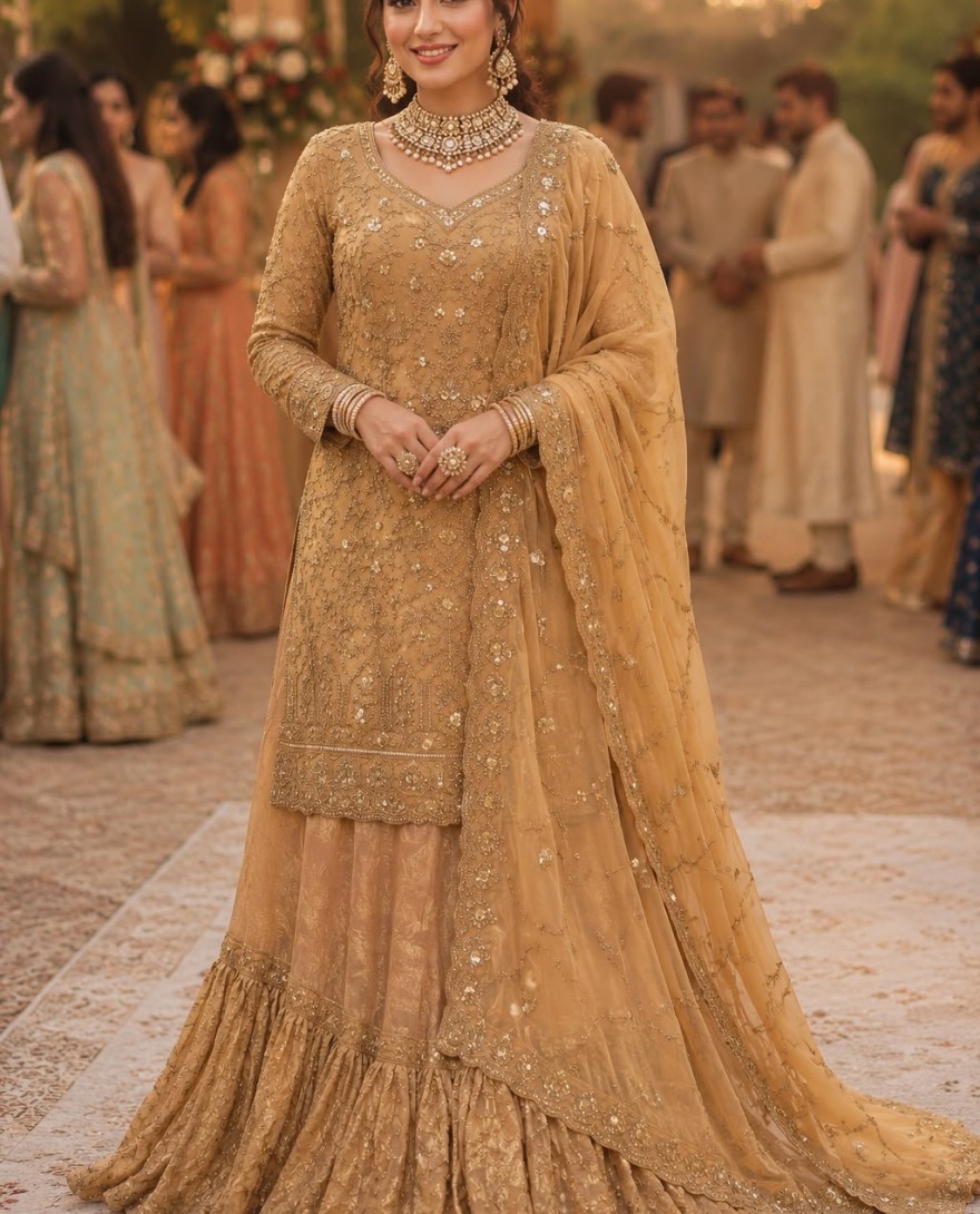 BEIGE - Embroidered, Sequins and Stone Work Banarasi Silk Readymade Lehenga Choli In Beige