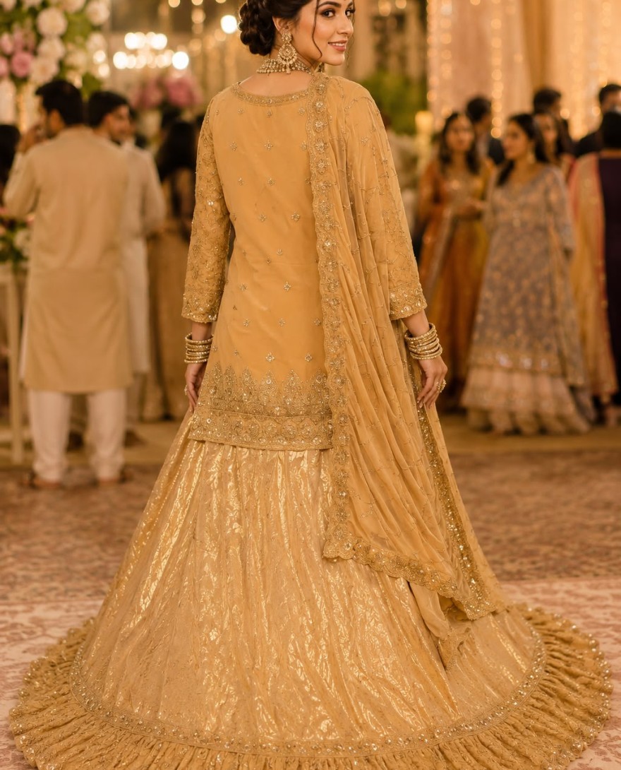 BEIGE - Embroidered, Sequins and Stone Work Banarasi Silk Readymade Lehenga Choli In Beige