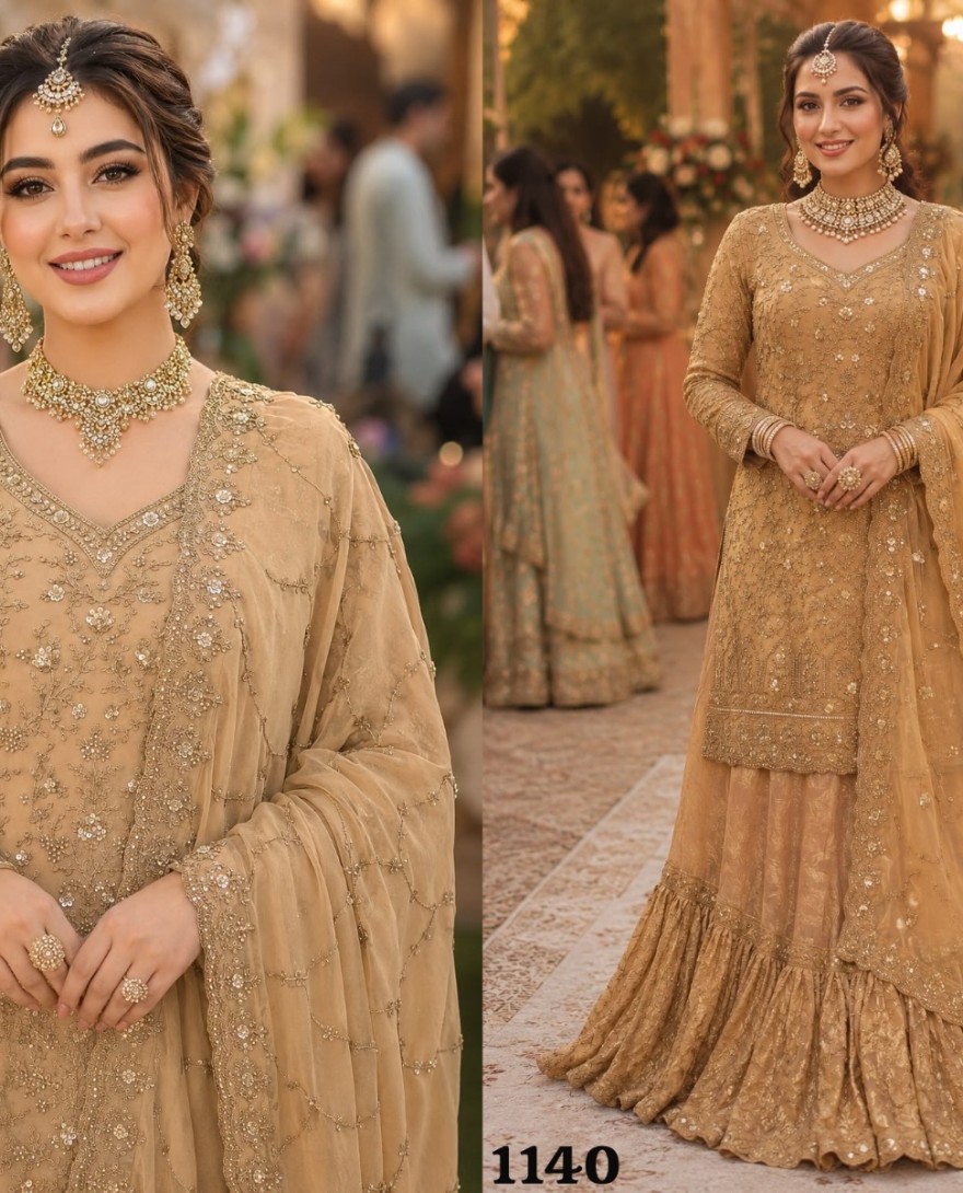 BEIGE - Embroidered, Sequins and Stone Work Banarasi Silk Readymade Lehenga Choli In Beige
