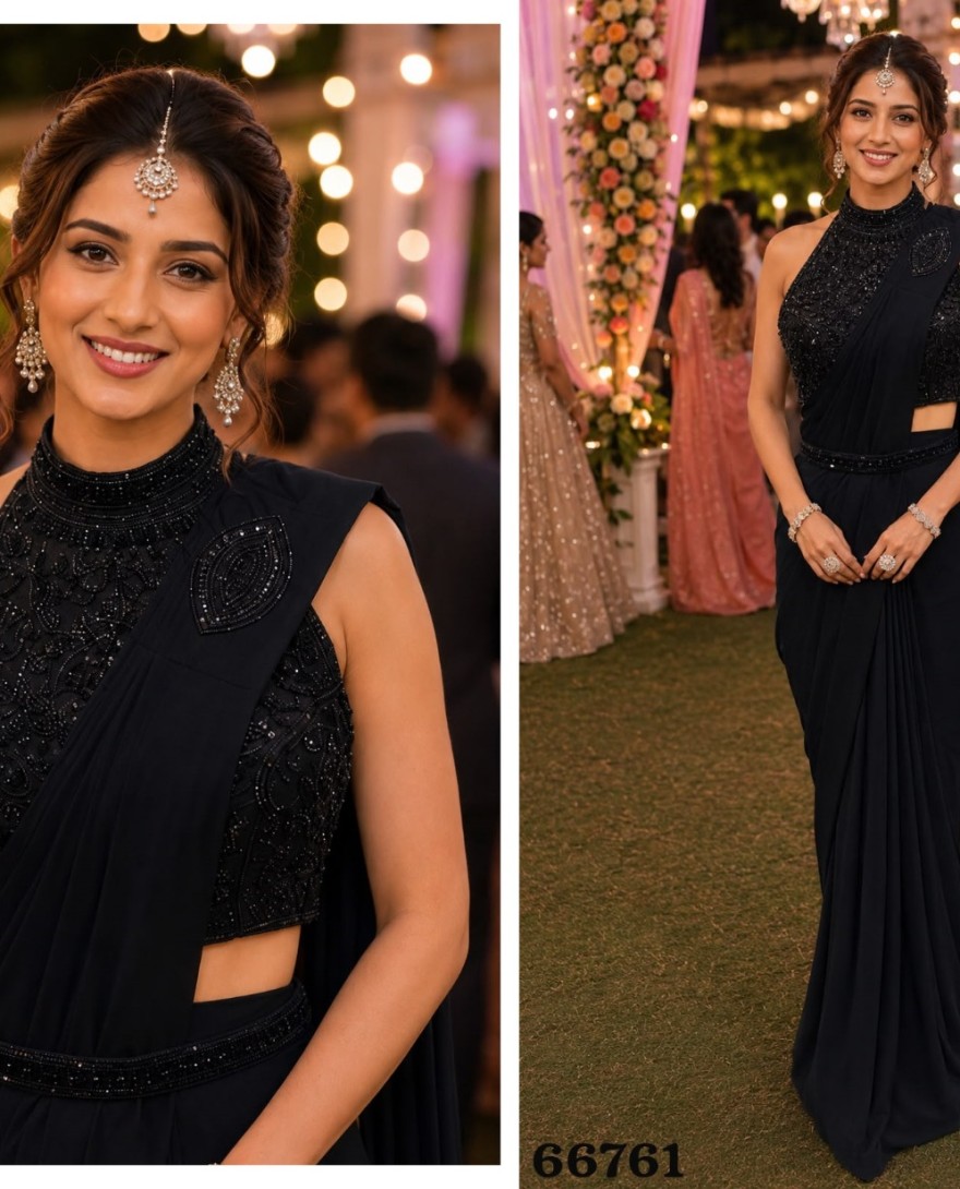 BLACK - Black Lycra Contemporary Saree with Embroidered Work for Ceremonial