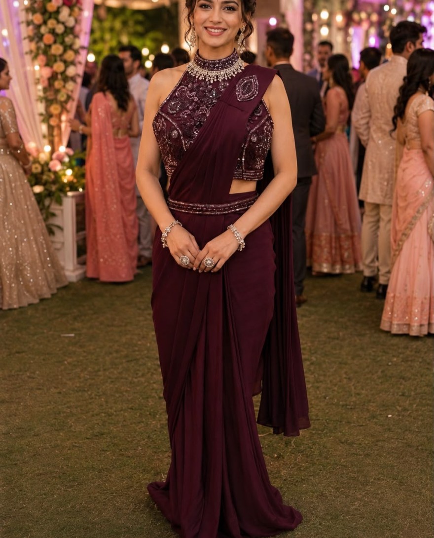 MAROON - Maroon Lycra Classic Sari with Embroidered Work