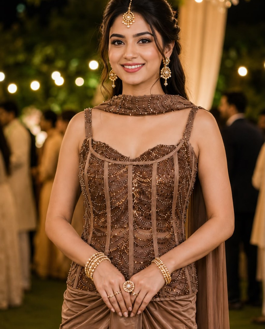 BROWN - Brown Lycra Embroidered Work Contemporary Saree for Ceremonial